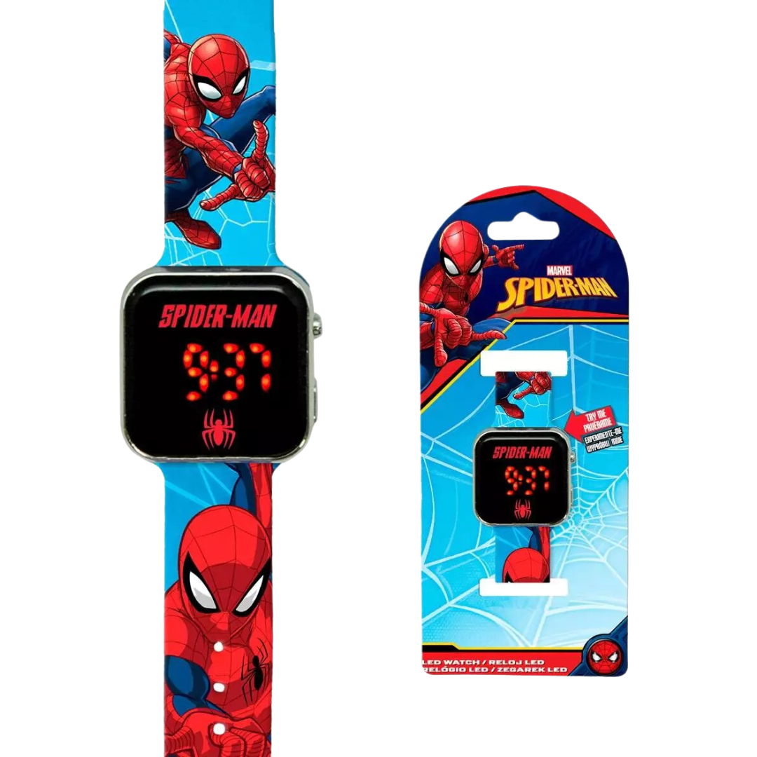 Relógio digital infantil Spiderman com bracelete azul e vermelho e mostrador LED