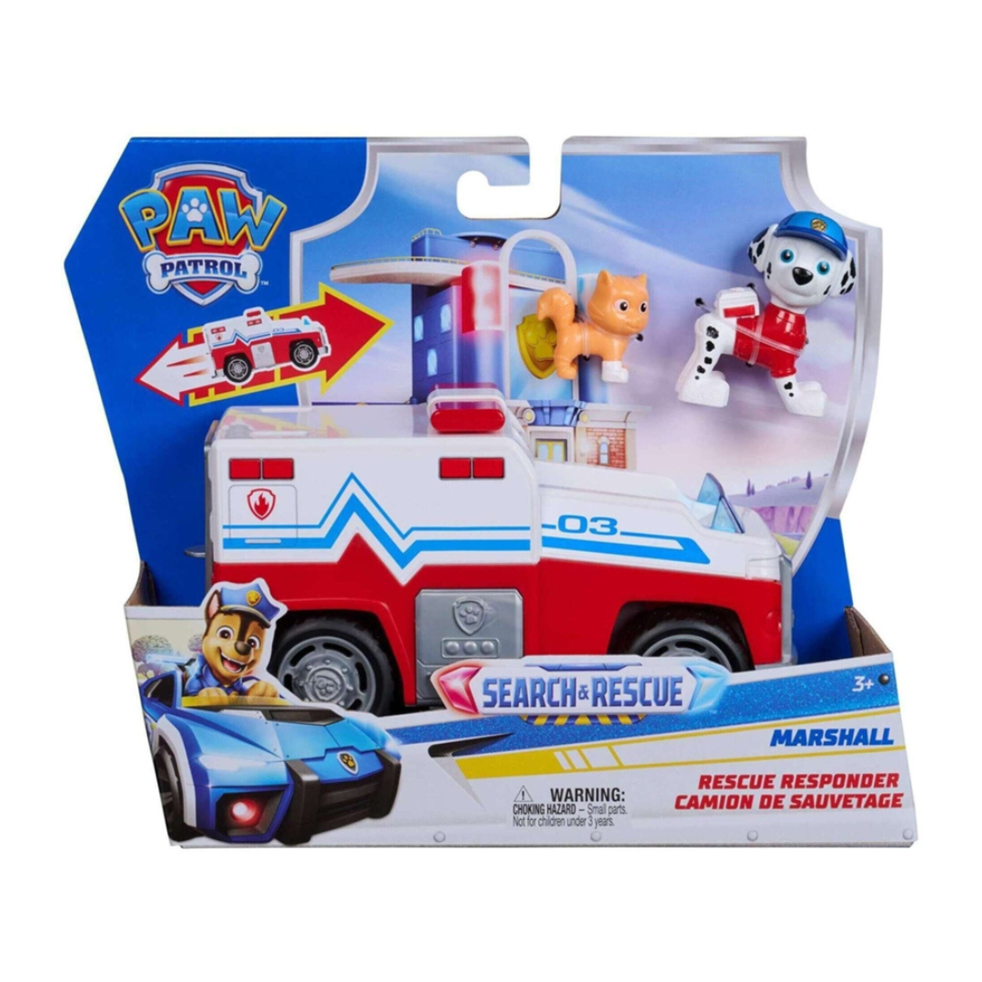Brinquedo PAW Patrol Marshall vermelho, branco, azul com figuras de cão dálmata e gato laranja