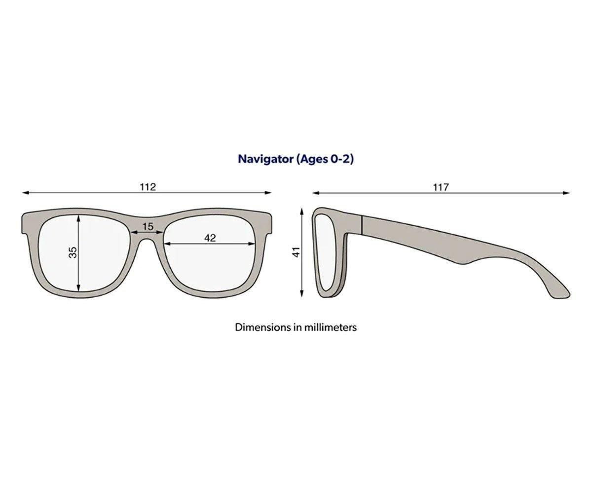 Desenho técnico cinza de óculos para crianças com medidas em mm