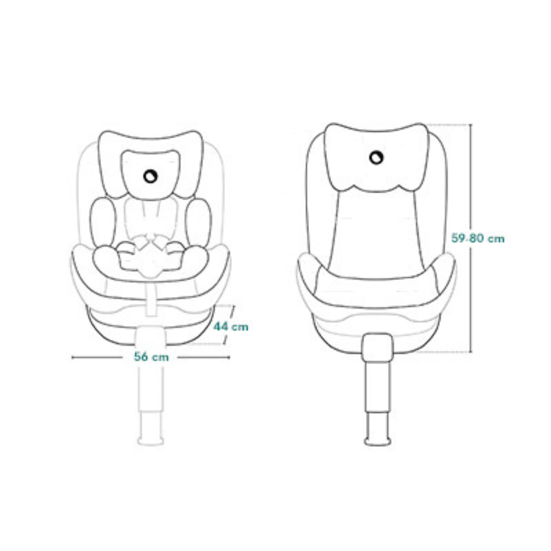 Desenho técnico de cadeira auto para crianças com medidas em azul.
