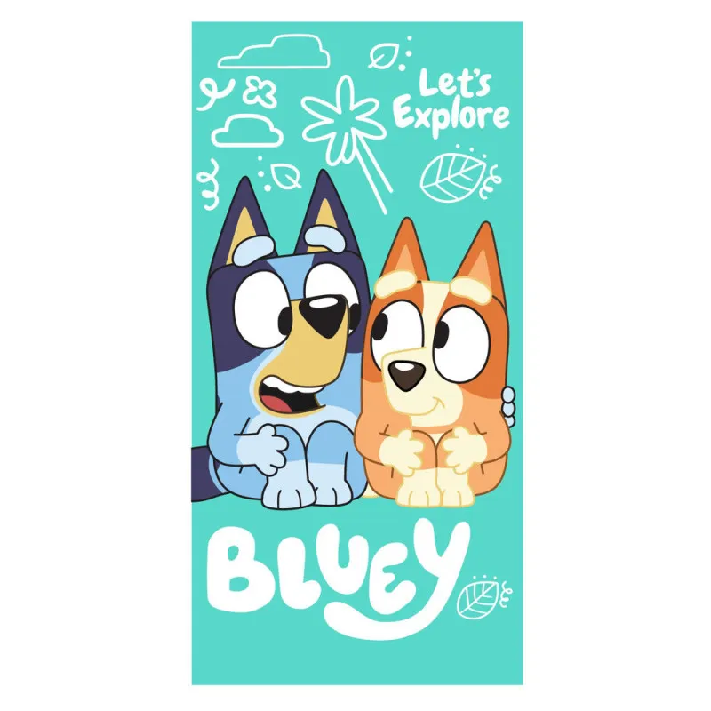 Desenho cartoon de dois cães azul e castanho claro com texto Lets Explore e Bluey