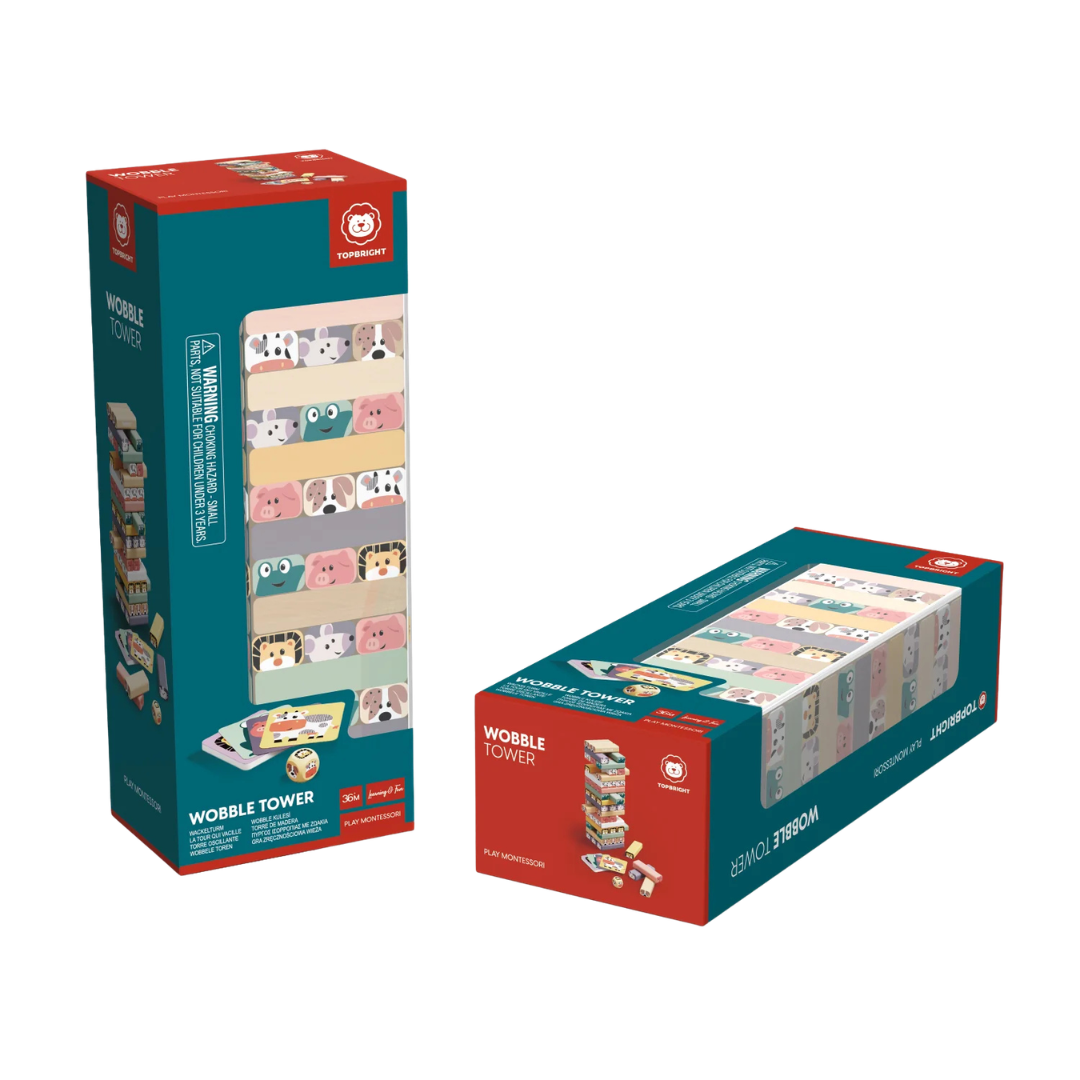 Brinquedo Torre de Madeira Wobble Tower da Topbright na sua embalagem