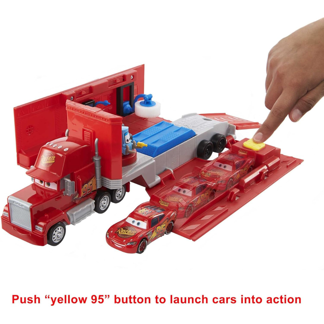 Brinquedo de camião e carros vermelhos com botão amarelo