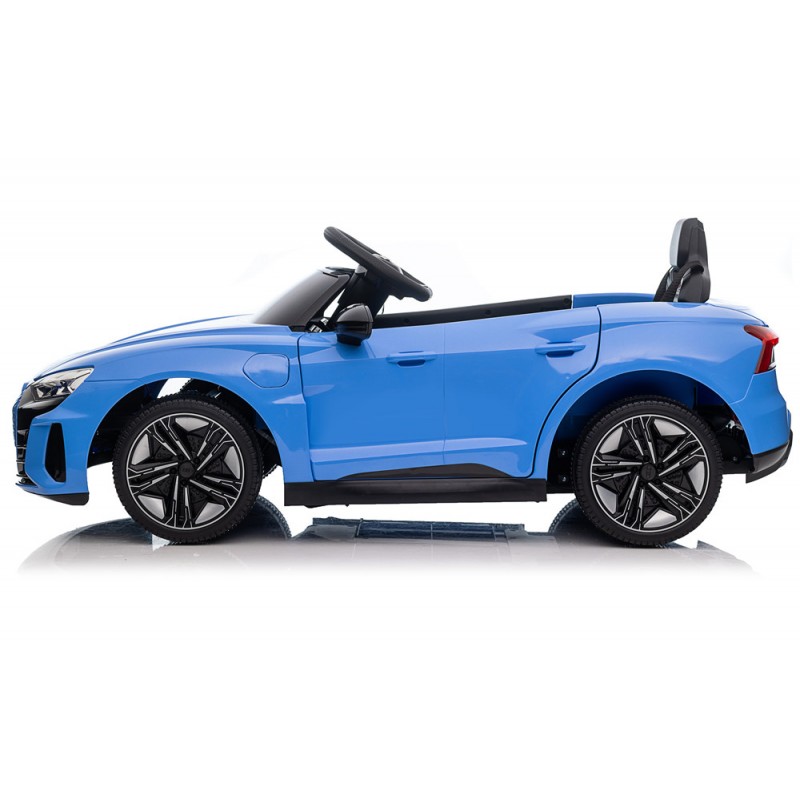 Carro elétrico infantil azul com volante preto e banco de uma pessoa