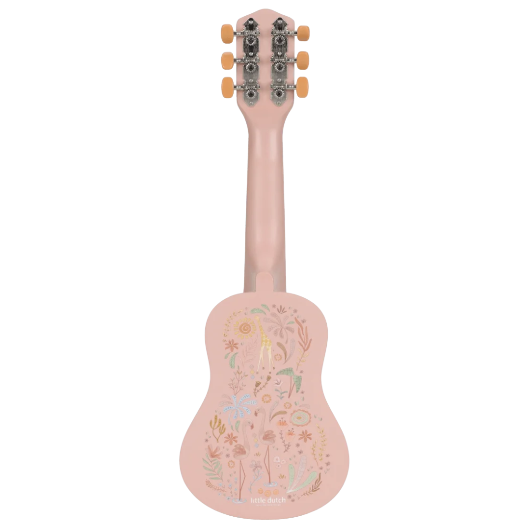 Ukulele pequeno rosa com desenhos de animais e plantas coloridos na parte traseira