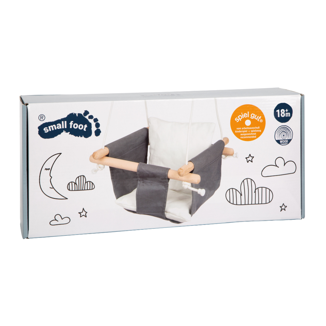Caixa de baloiço para bebé cinzento e branco com suporte de madeira