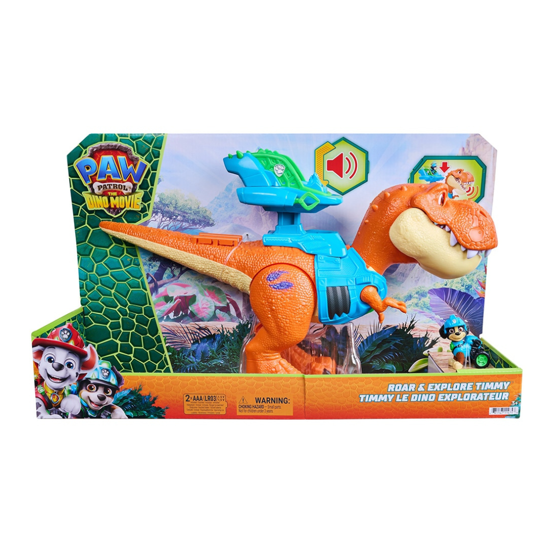 Brinquedo de dinossauro laranja da PAW Patrol na embalagem com texto e gráficos coloridos