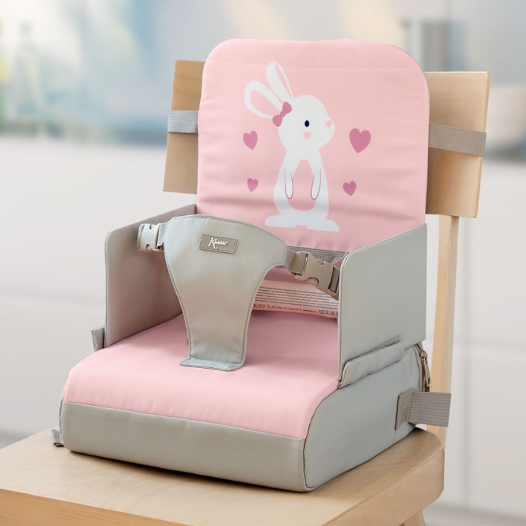 Cadeira elevatória para bebé rosa e cinzenta com desenho de coelho