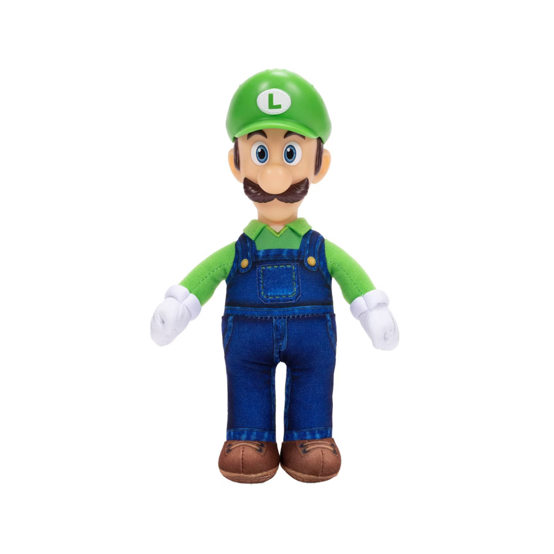 Boneco de peluche de personagem com chapéu verde e jardineiras azuis