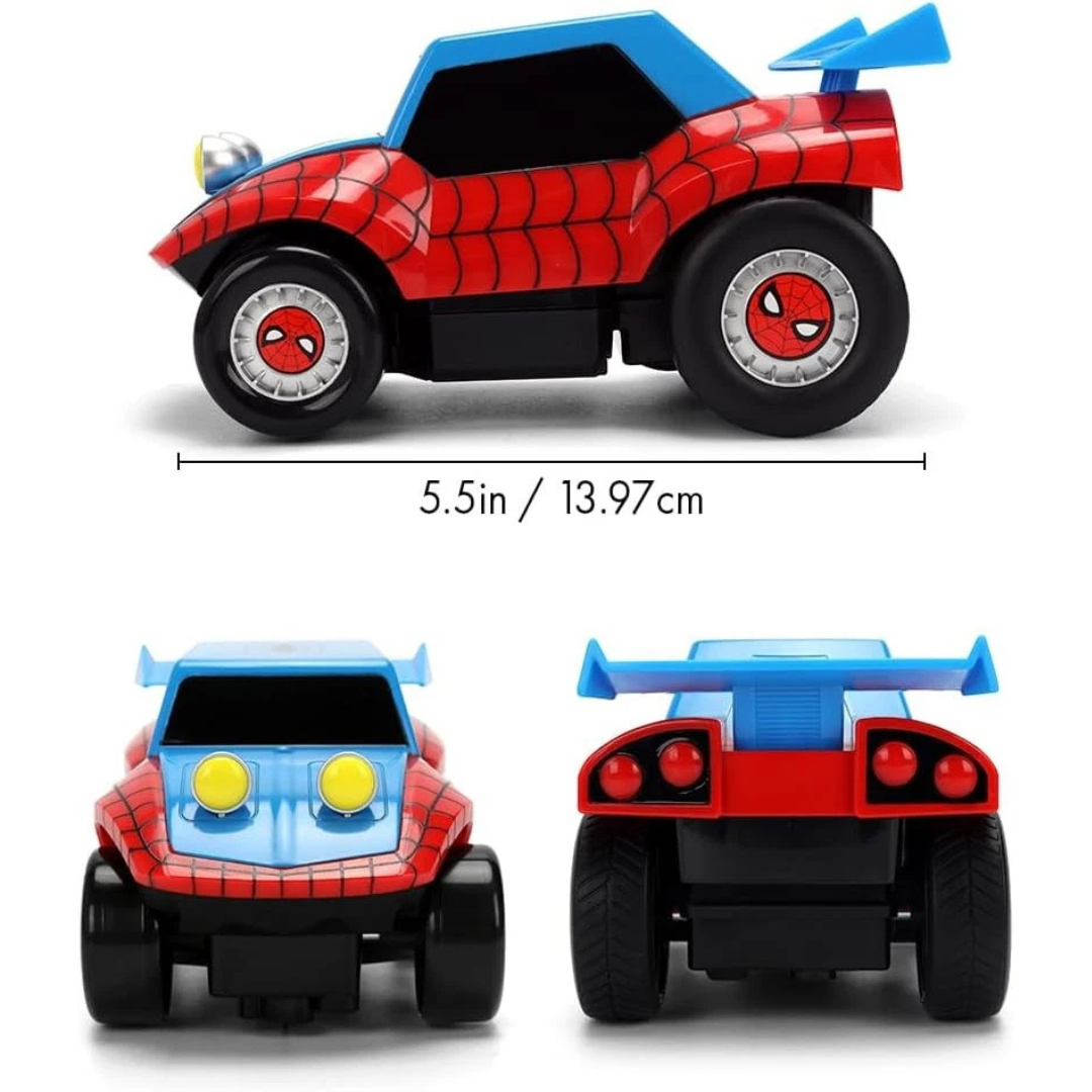 Carro de brinquedo azul e vermelho com tema do Homem-Aranha