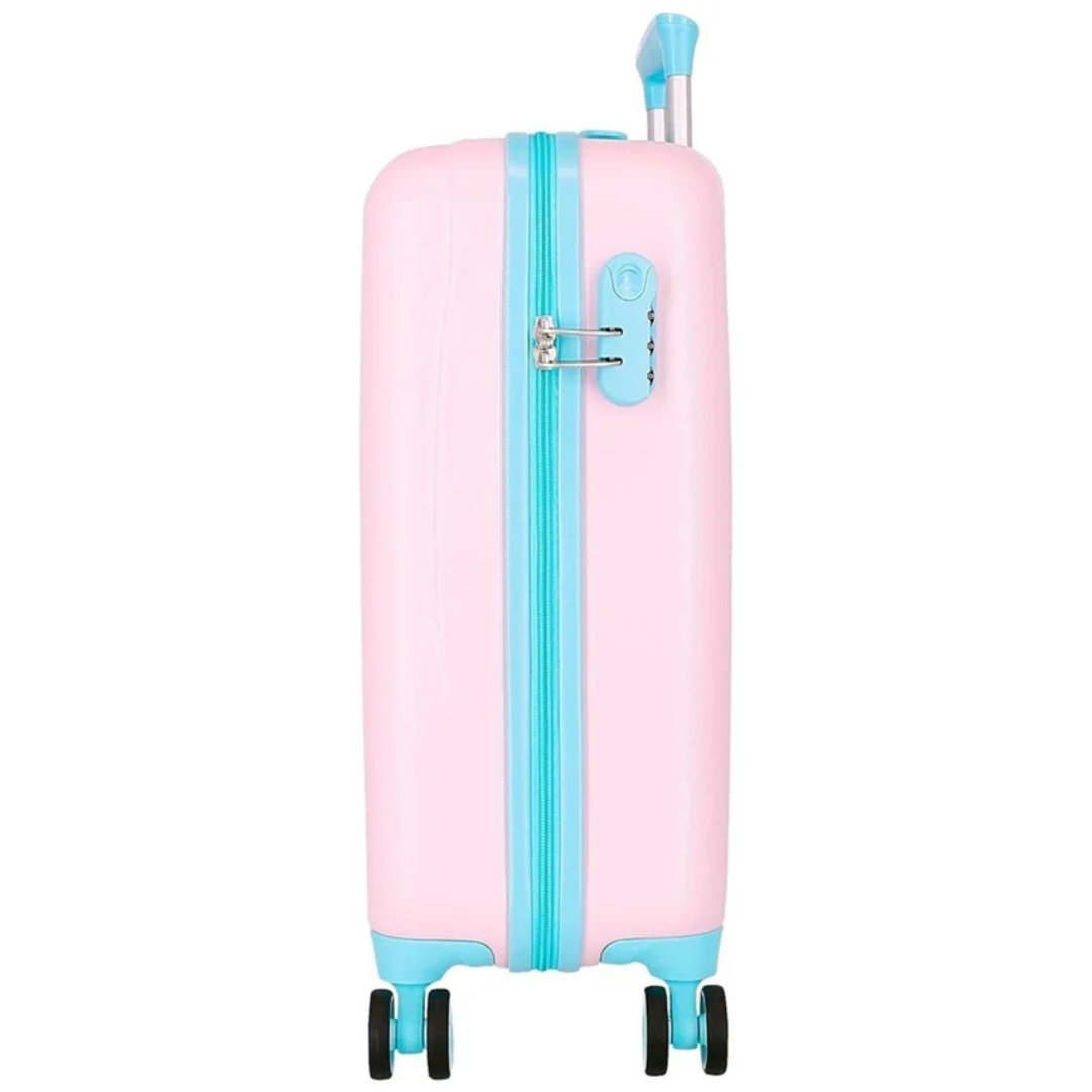 Mala de viagem rígida rosa com detalhes em azul claro e roda dupla