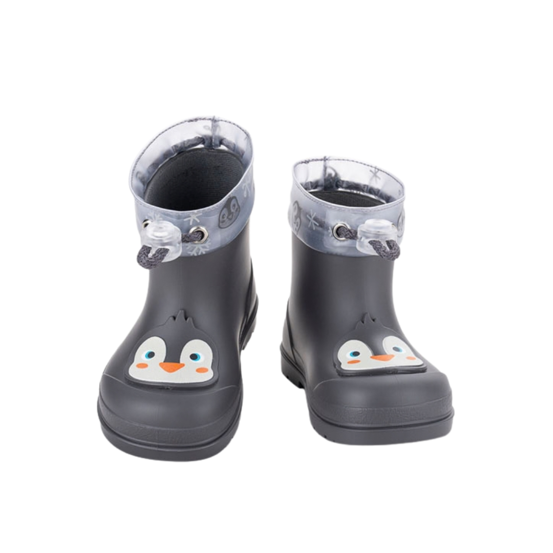 Botas de borracha infantis pretas com rosto de pinguim e detalhes cinza