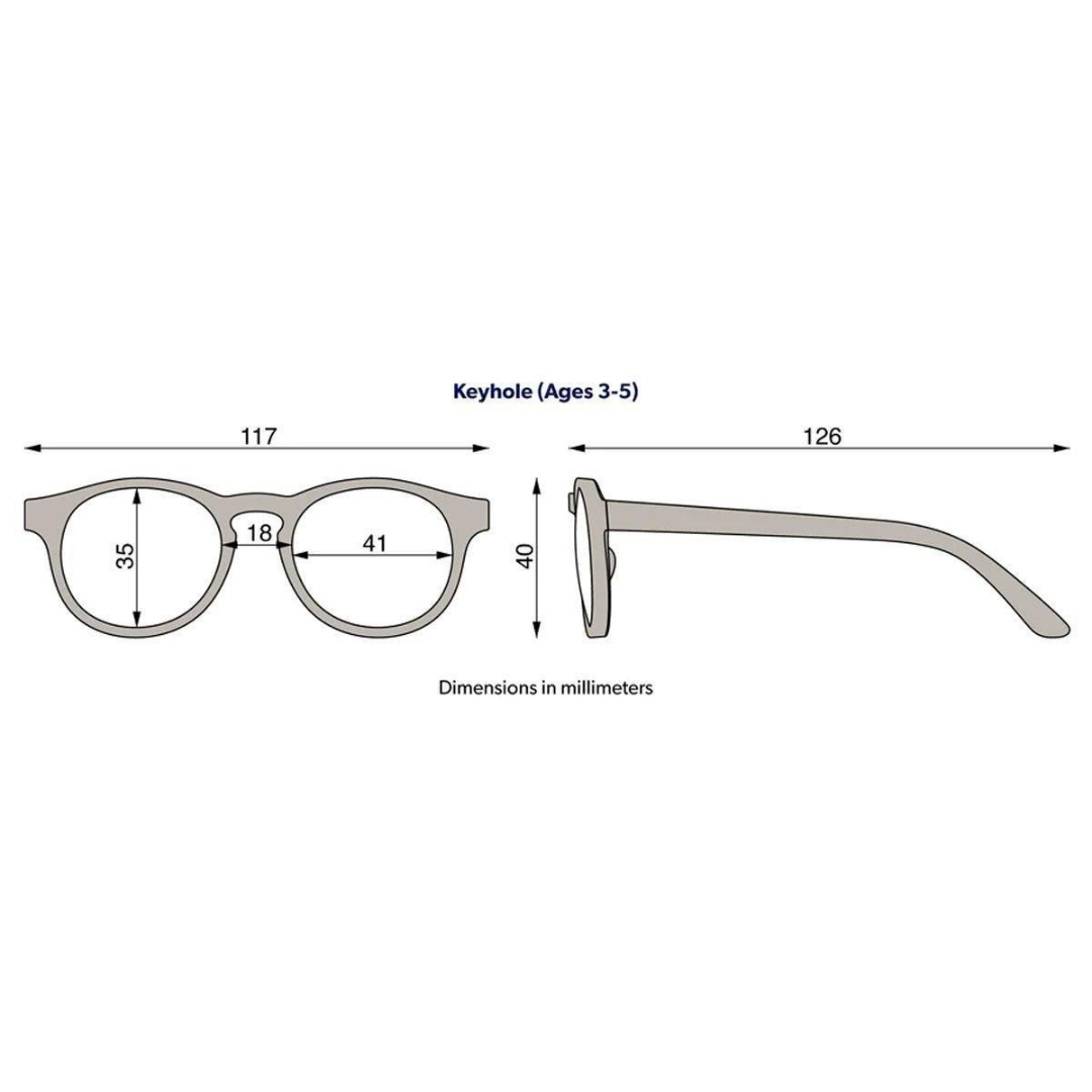 Óculos infantis cinzentos com dimensões técnicas detalhadas