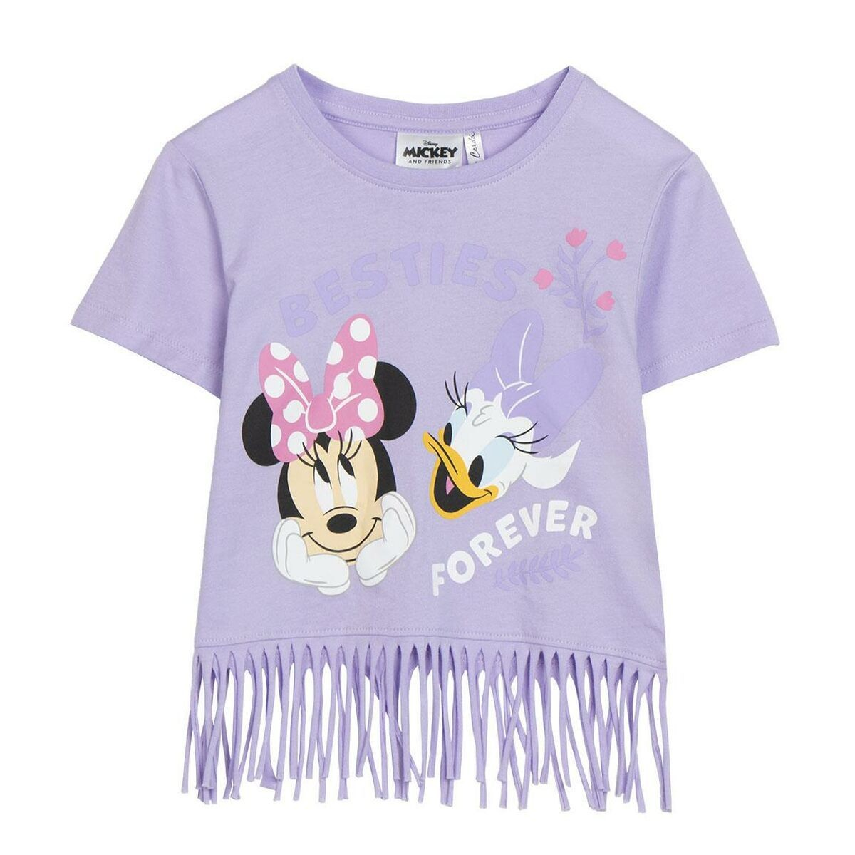 T-shirt lilás infantil com franjas e estampa da Minnie e Margarida