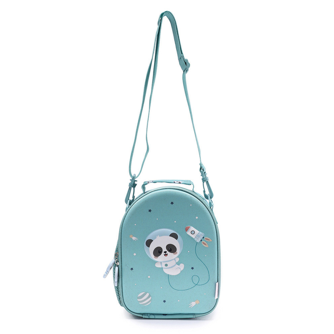 Mochila azul claro com estampa de panda astronauta e foguete