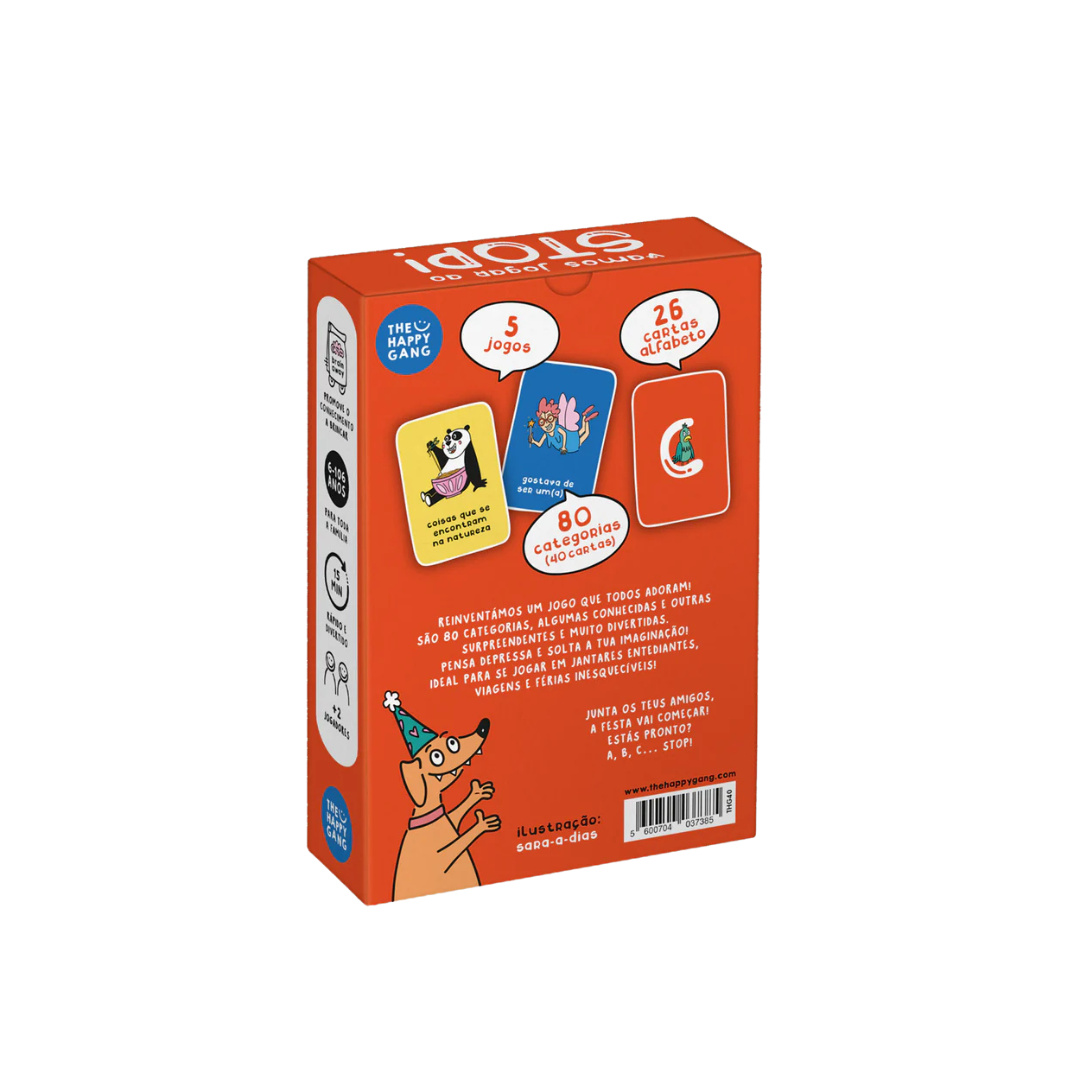 Caixa de jogo de cartas colorida laranja com ilustrações e texto em português