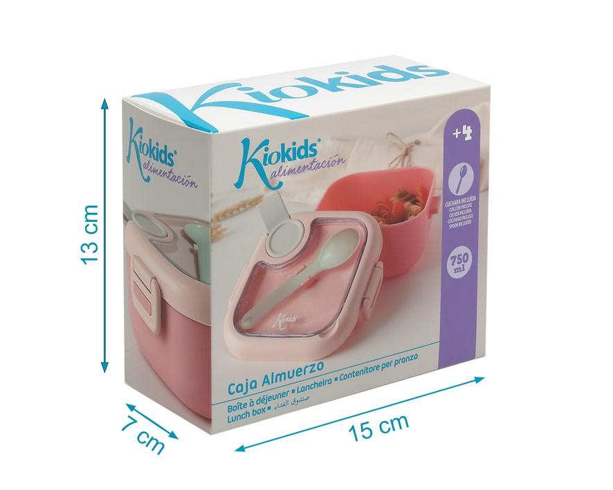 Embalagem caixa almoço Kiokids rosa com garfo para crianças