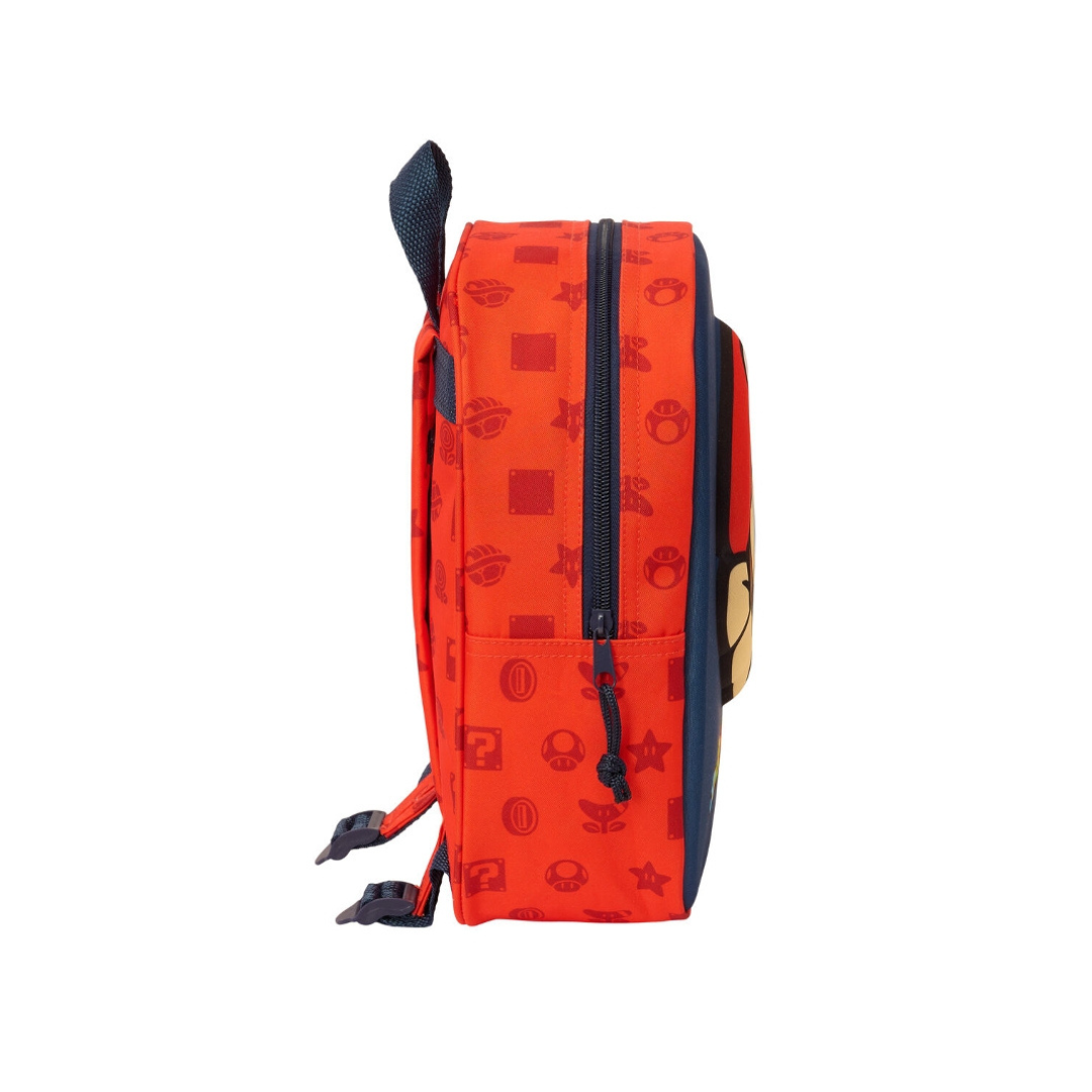 Mochila vermelha padrão Super Mario e fecho azul vista de lado