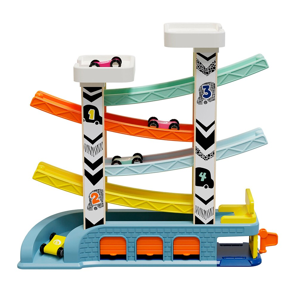 Brinquedo parque de estacionamento para carros colorido com rampas e marcas numéricas