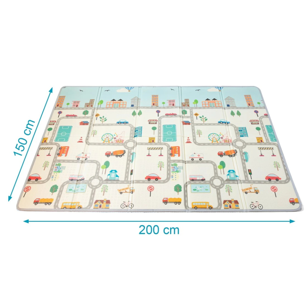 Tapete infantil retangular com desenho de cidade e estradas coloridas