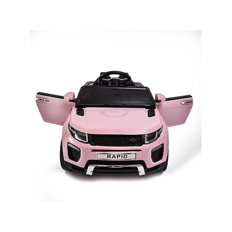 Carro elétrico infantil rosa com portas abertas e placa RAPID