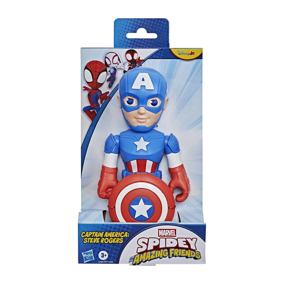 Boneco Capitão América com escudo em embalagem de cartão e plástico transparente