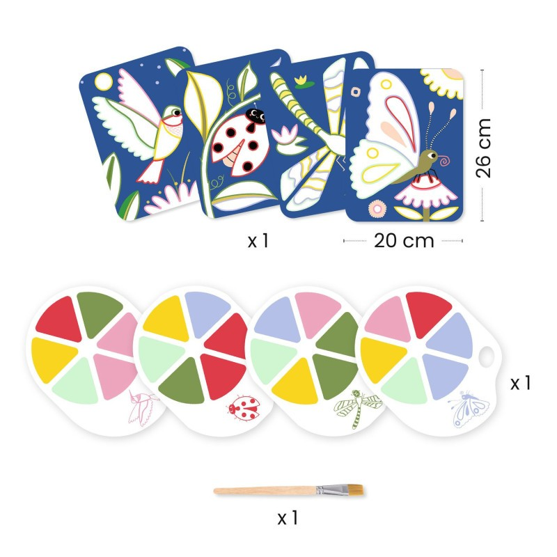 Conjunto de quadros infantis com animais e paletas de cores com pincel