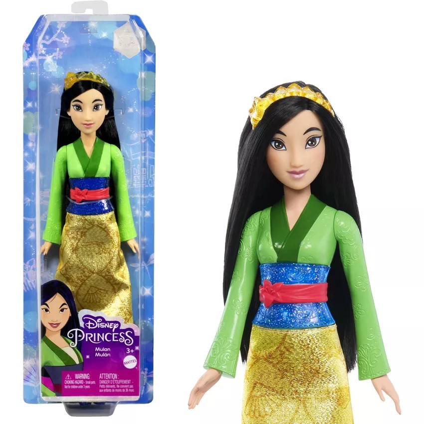 Boneca Disney Princess Mulan com kimono verde, faixa azul, cinto vermelho e saia dourada numa caixa azul