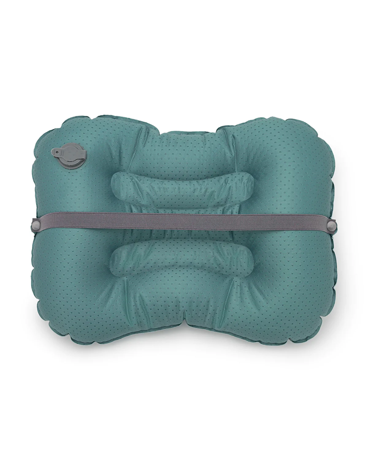 Travesseiro insuflável azul esverdeado com faixa cinzenta