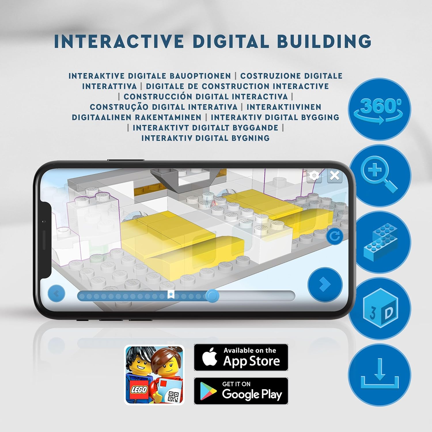 Aplicação digital interativa LEGO para construção vista num smartphone com blocos amarelos e ícones azuis