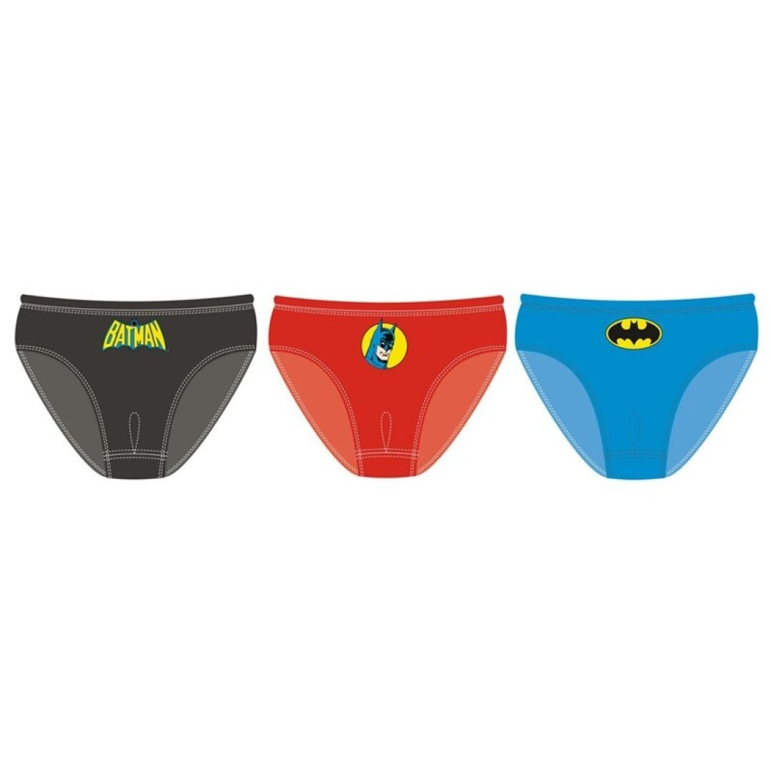 Três cuecas coloridas de criança com temas do Batman