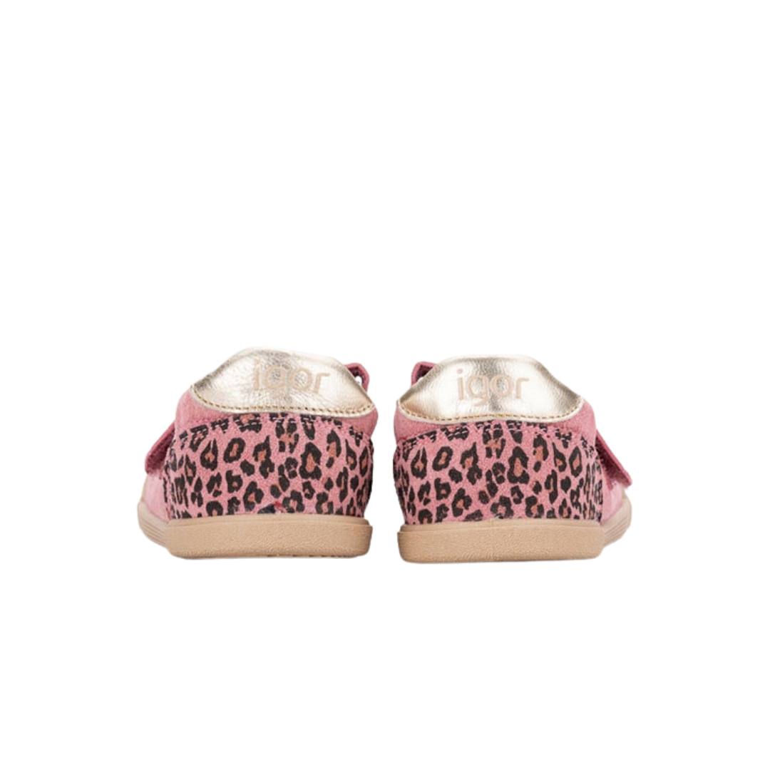 Sapatilhas infantis cor-de-rosa com padrão animal print e detalhe dourado