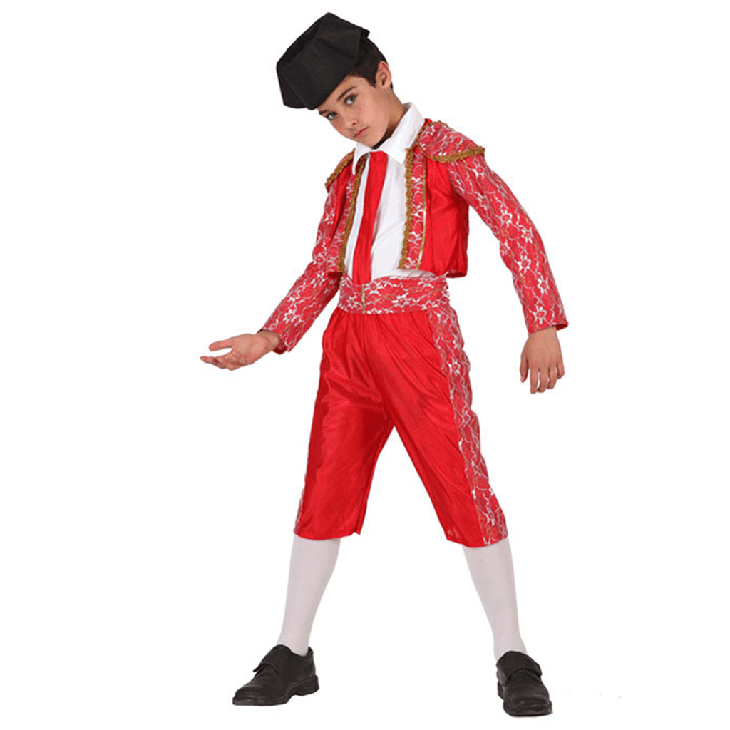 Fato de toureiro infantil vermelho com detalhes dourados e brancos