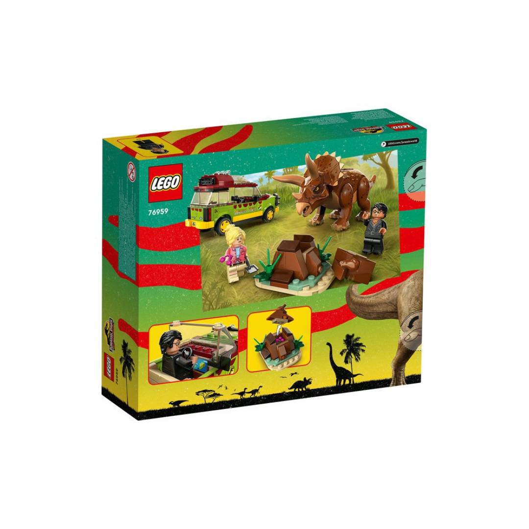 Caixa de brinquedo LEGO com dinossauro e miniaturas em cenário natural