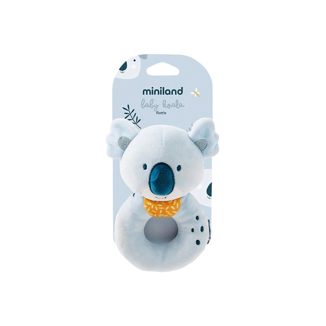 Chocalho de peluche azul claro em forma de coala com embalagem azul claro