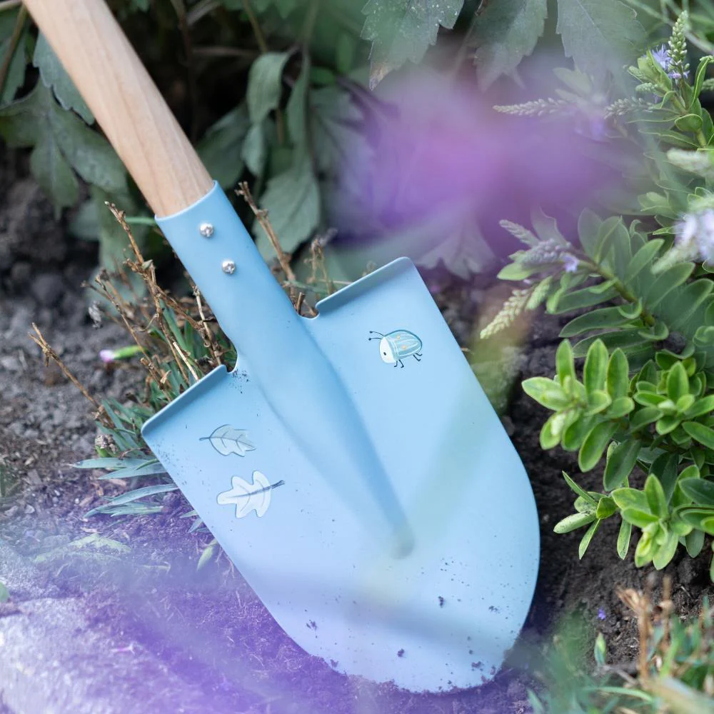 Pá de jardim azul com cabo de madeira numa área de plantas e terra