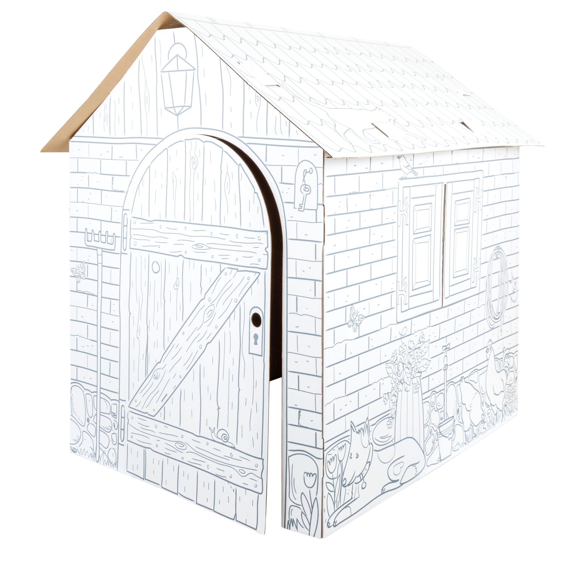 Casa de brincar de cartão para colorir com desenhos de madeira e animais