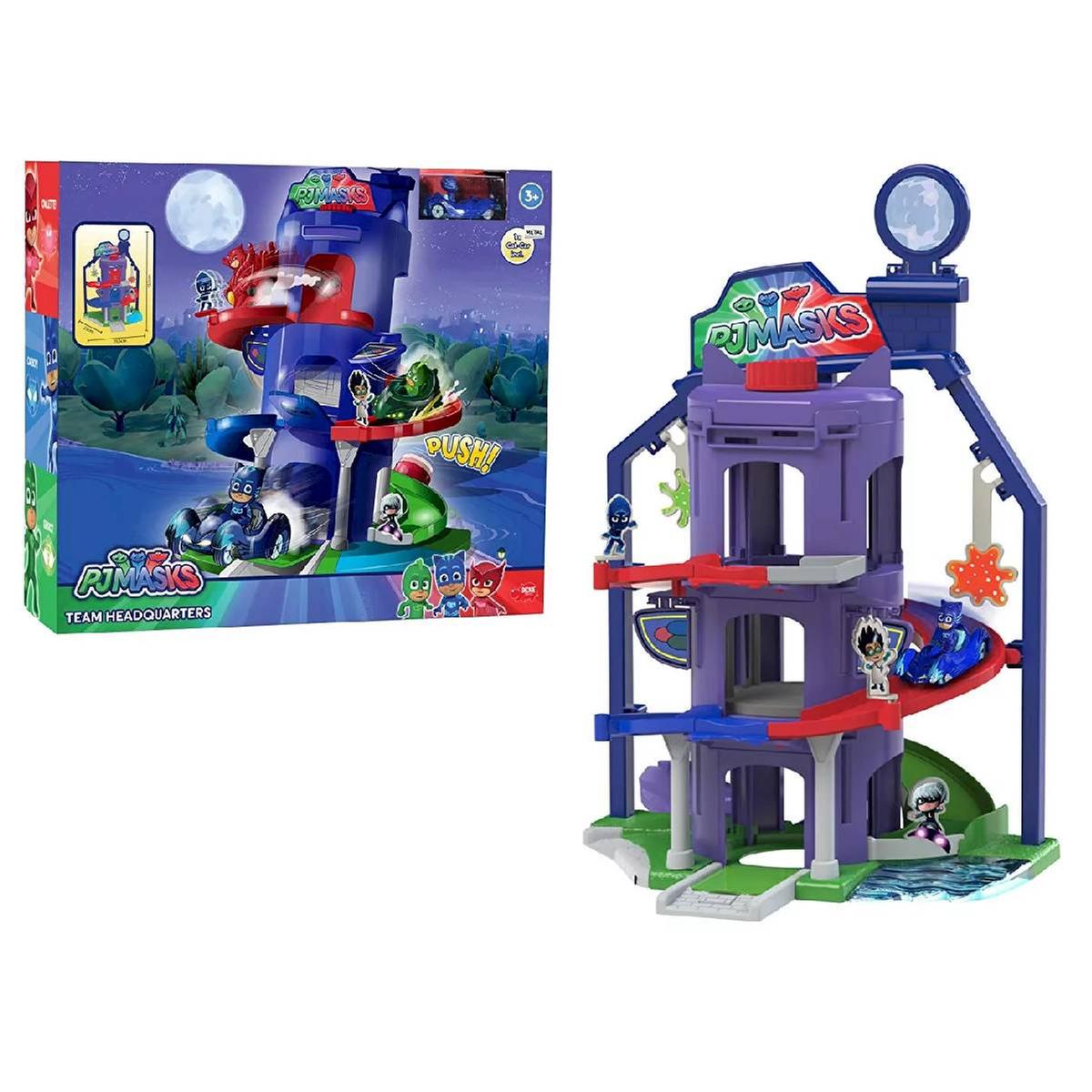 Playset PJ MASKS de três andares com torre roxa e rampas vermelhas, inclui figuras e base verde