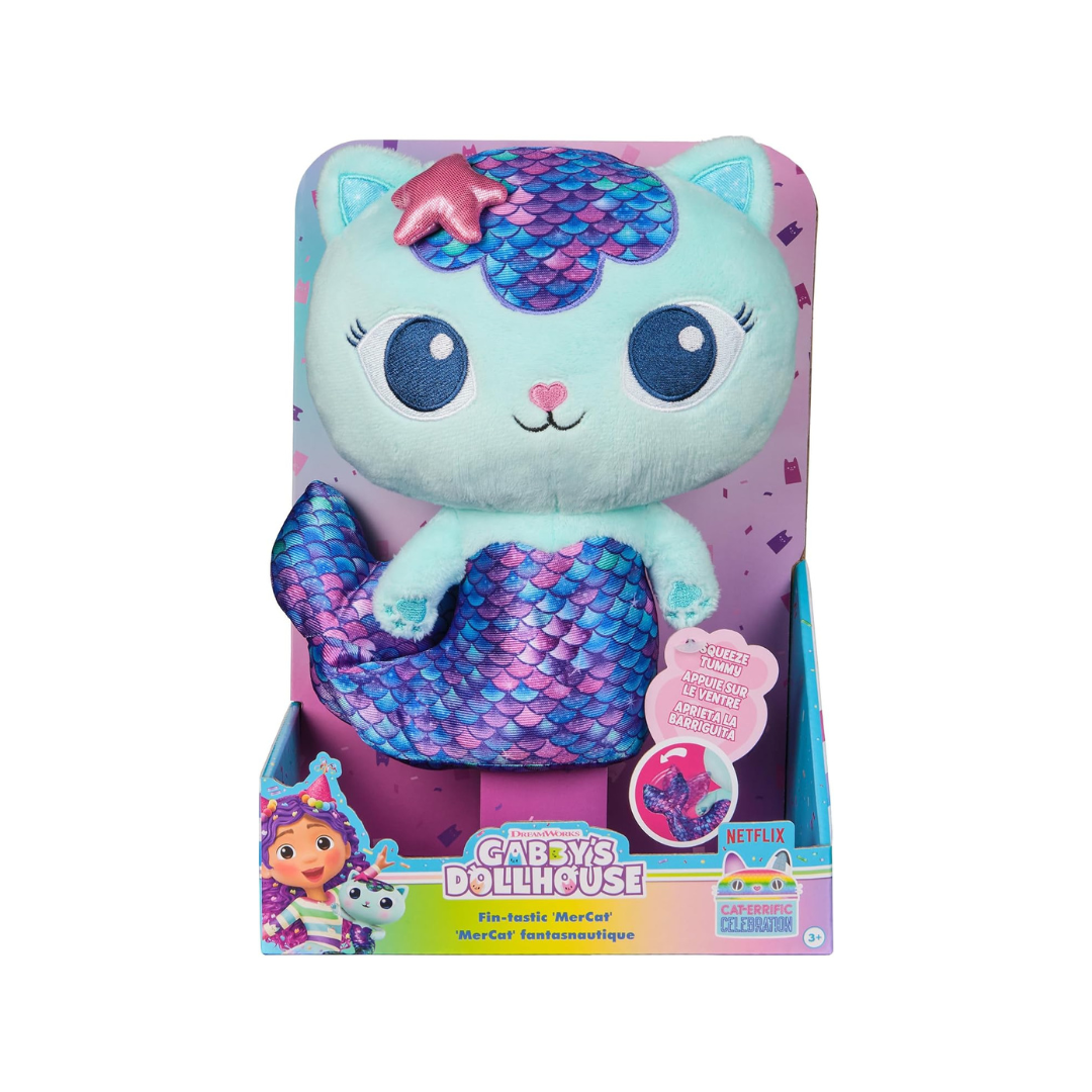 Peluche MerCat azul claro com cauda azul e rosa em embalagem Gabbys Dollhouse