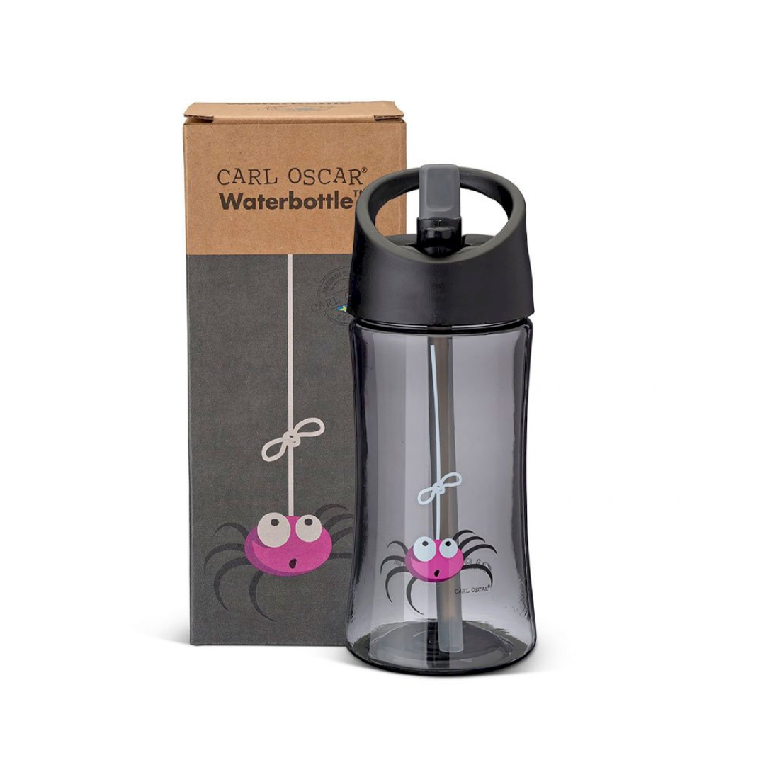 Garrafa de água cinza com tampa preta e desenho de aranha cor de rosa