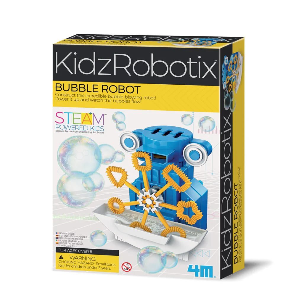 Brinquedo KidzRobotix Bubble Robot azul com peças amarelas, numa caixa com bolhas e texto em inglês