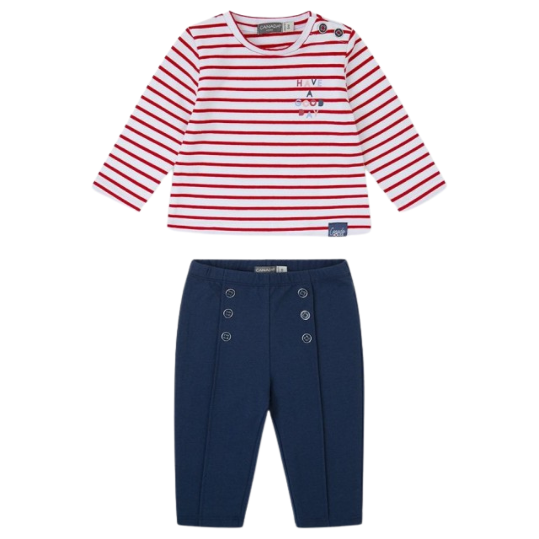 Conjunto infantil com camisola às riscas vermelhas e calças azul-escuras