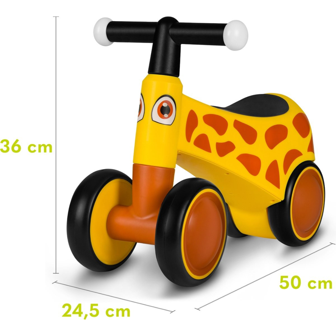 Carrinho de criança amarelo e laranja em forma de girafa
