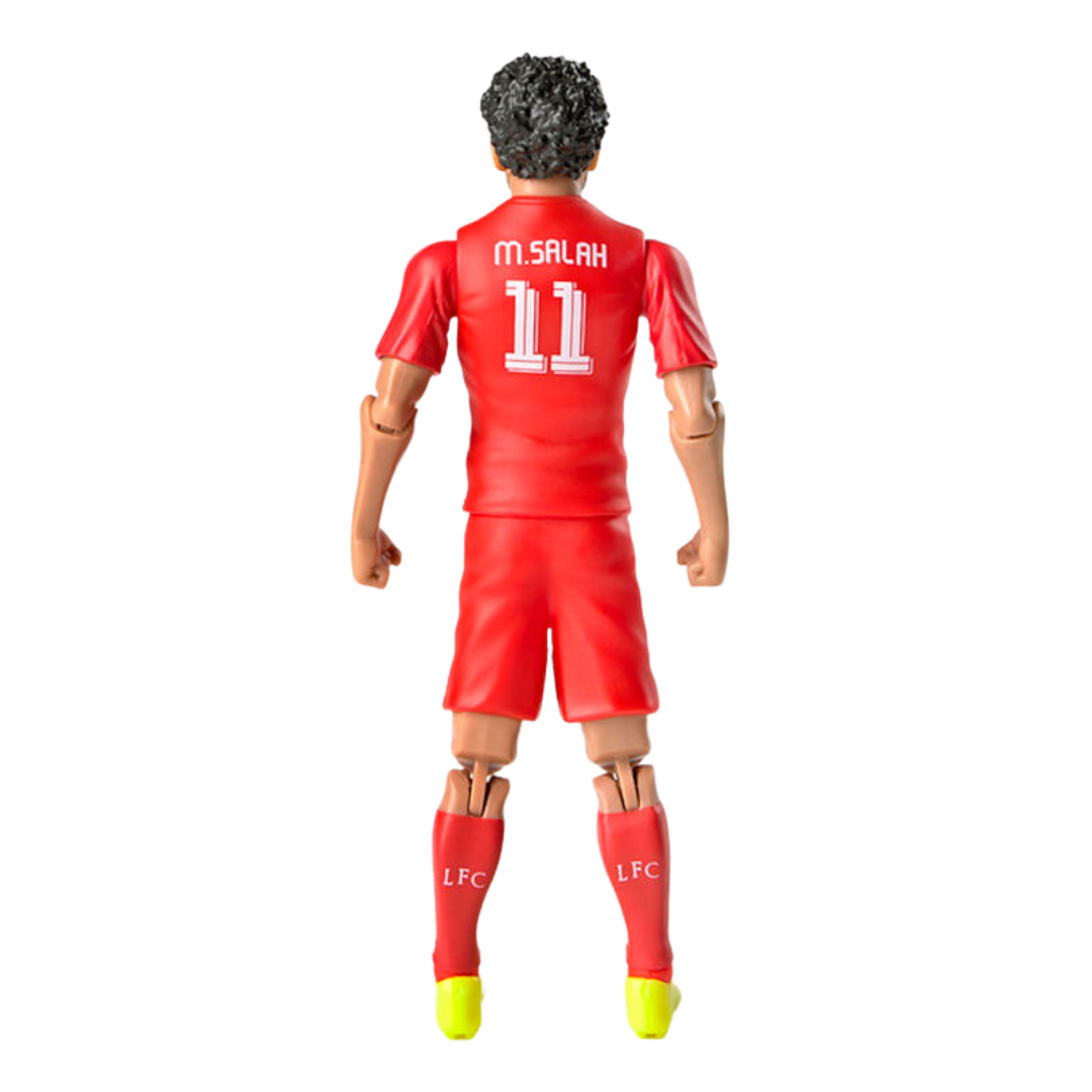 Boneco jogador futebol M.SALAH 11 em uniforme vermelho com meias LFC e chuteiras amarelas