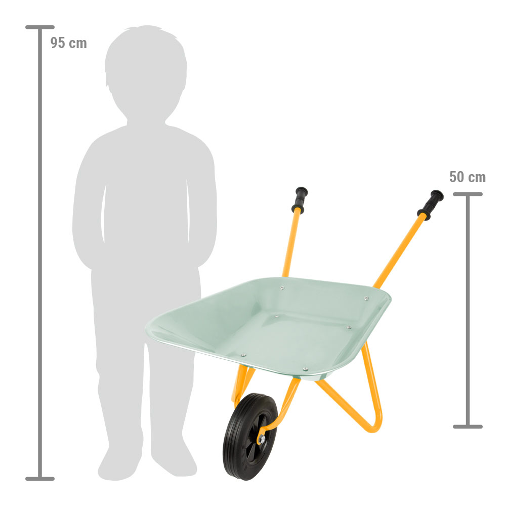 Carrinho de mão infantil metálico amarelo com cuba cinza e roda preta