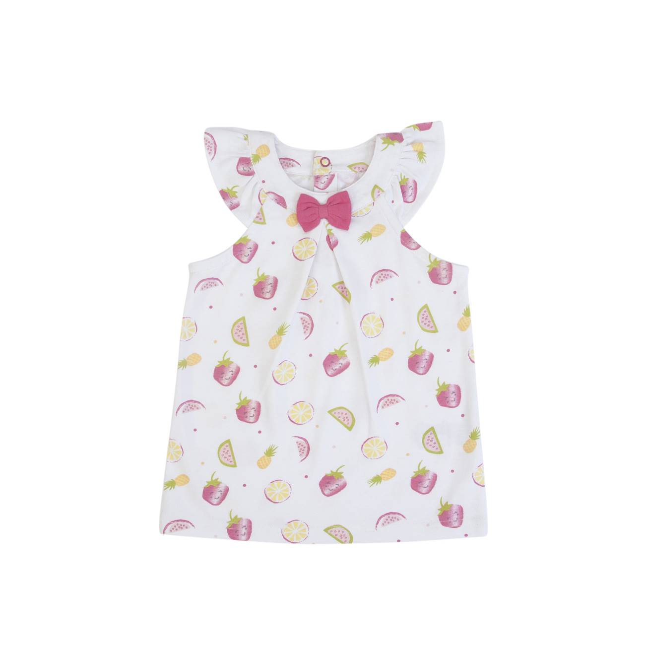 Camisola bebé branca com padrão de frutas e laço cor-de-rosa