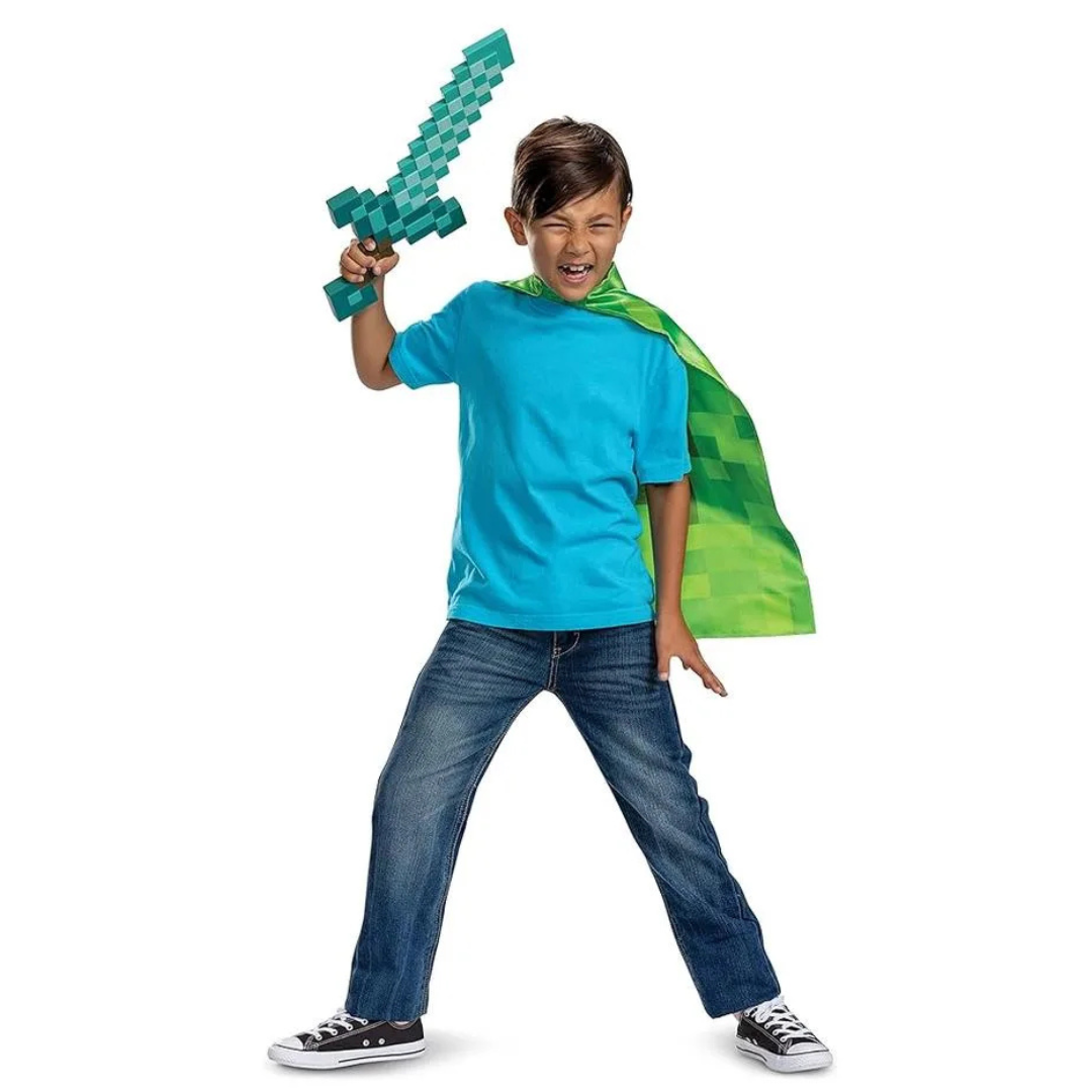 Criança com capa verde e espada pixelada verde