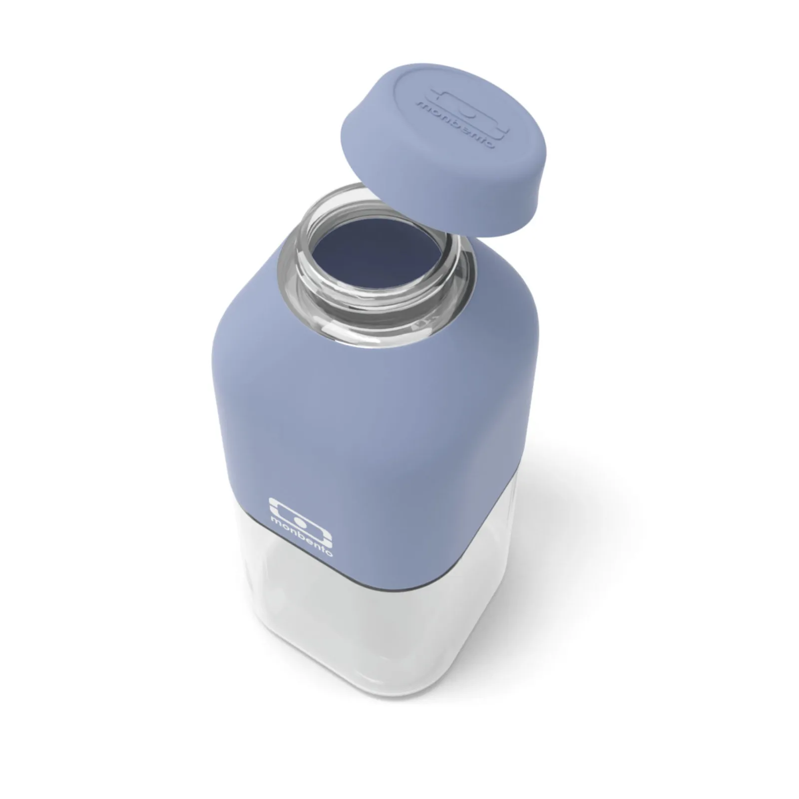 Garrafa de vidro com tampa e capa protetora azul-claro da marca monbento