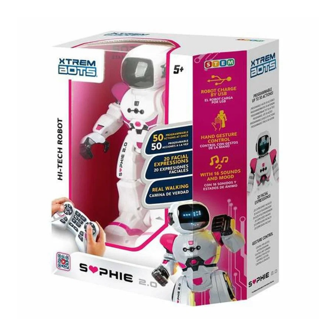 Brinquedo robot branco e rosa na caixa com controlo remoto e texto informativo