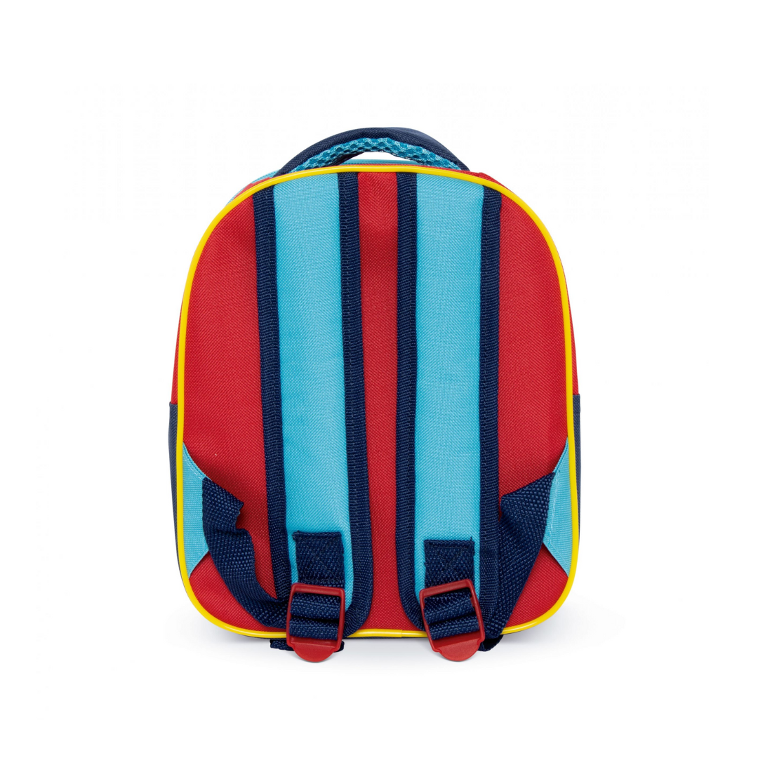 Mochila infantil vista de costas com alças azuis claras e vermelhas e detalhes amarelos